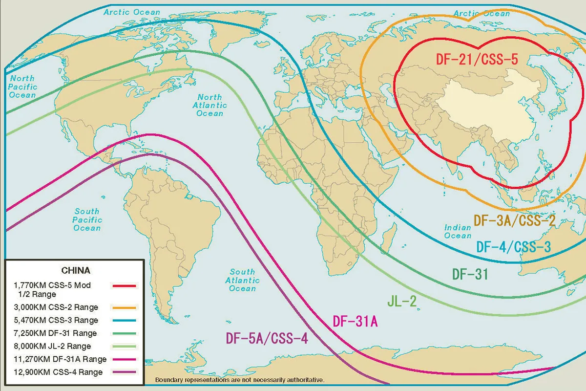 Зоны досягаемости китайских ядерных баллистических ракет