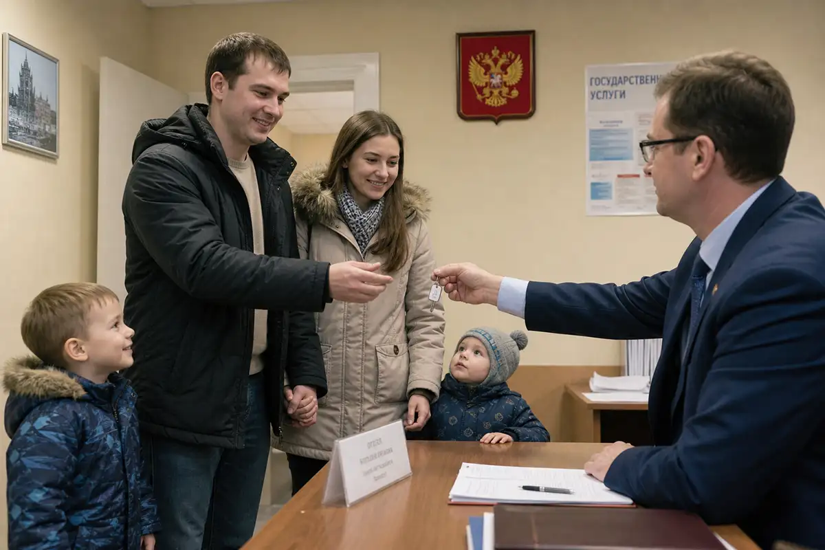 Молодая семья получает ключи от квартиры. 