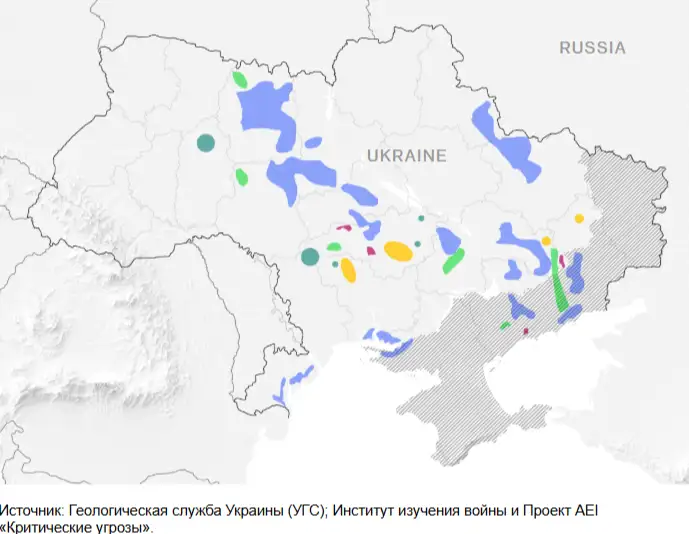 Полезные ископаемые Украины, представляющие интерес для США. Зеленый - редкоземельные металлы; синий - титан и цинк; сего-зеленый - графит; оранжевый - уран; фиолетовый - литий. 