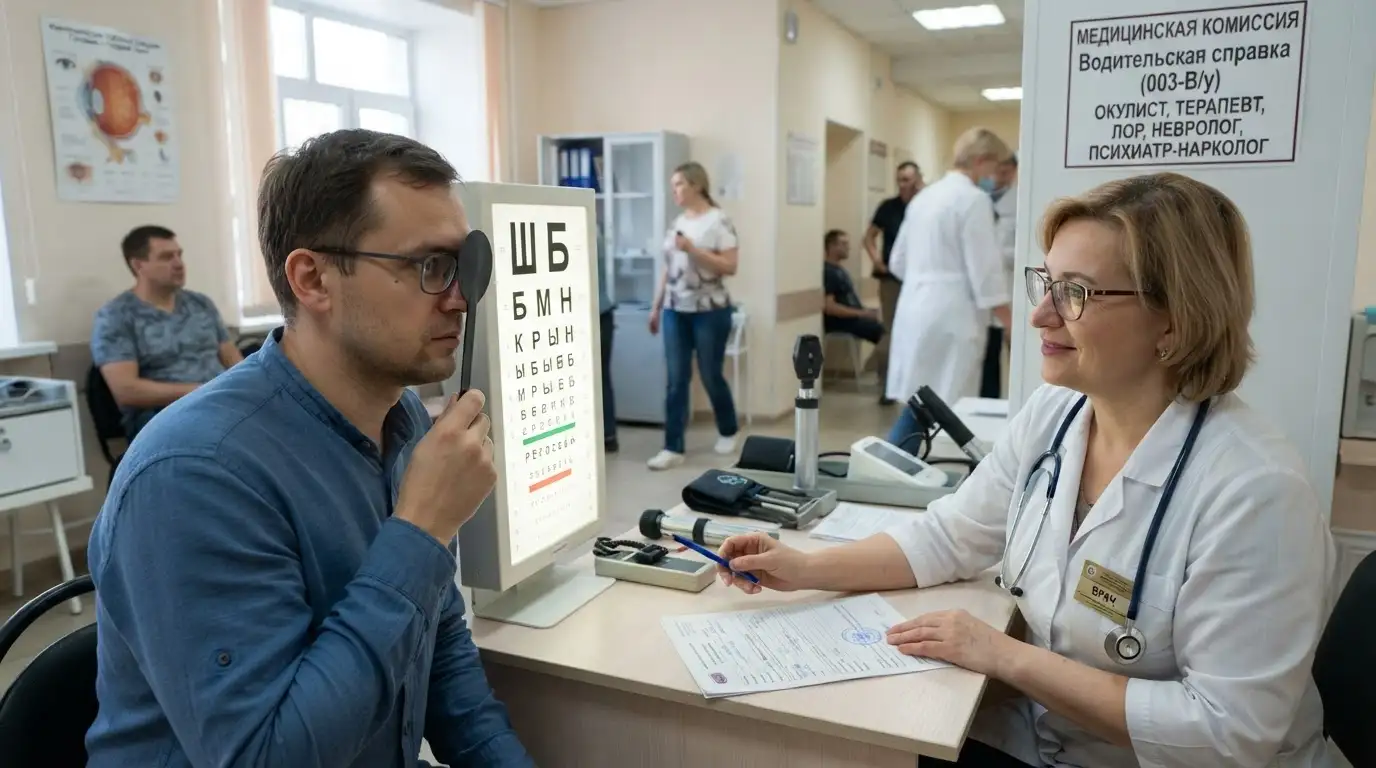 Человек проходит медицинскую комиссию для получения справки на вождение. Изображение сгенерировано ИИ. 