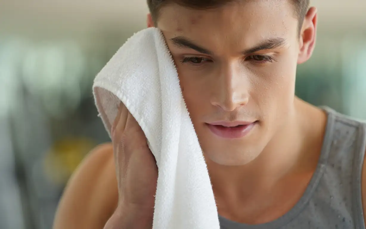 Во время тренировки промокайте пот чистым полотенцем, но не трите кожу. Для лица должно быть отдельное полотенце.